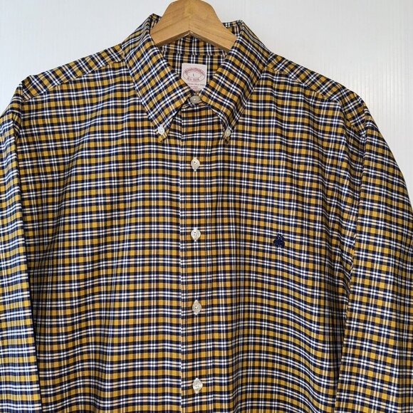 Brooks Brothers Supima Cotton Original Polo Button Shirt Men's Sz L Yellow Navy - Picture 8 of 14